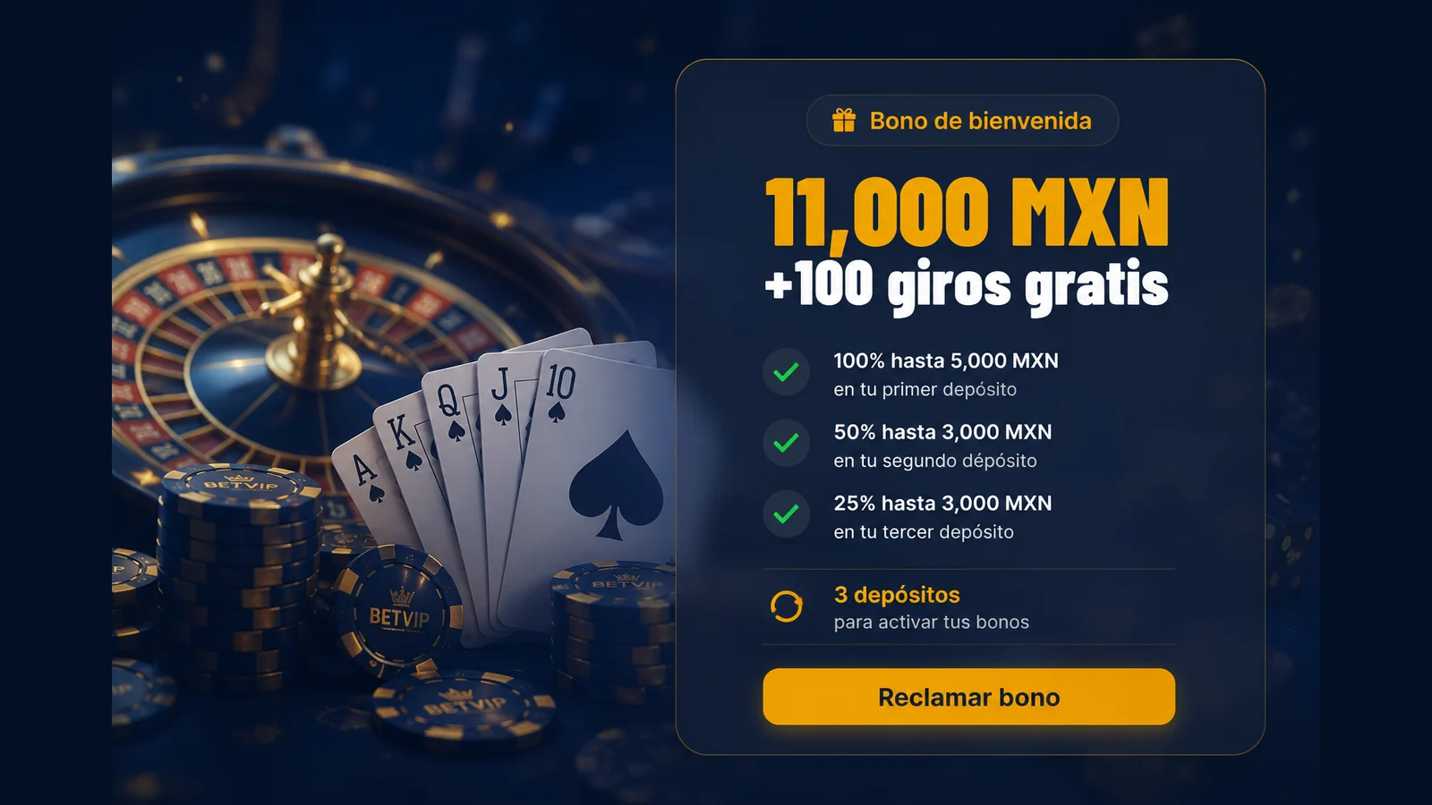Bono de bienvenida de 11,000 MXN más 100 giros gratis en BetVIP México