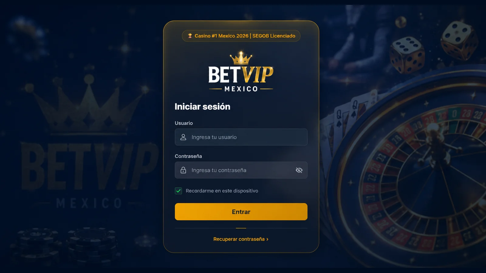 Inicia sesión en el casino online BetVIP México con licencia SEGOB
