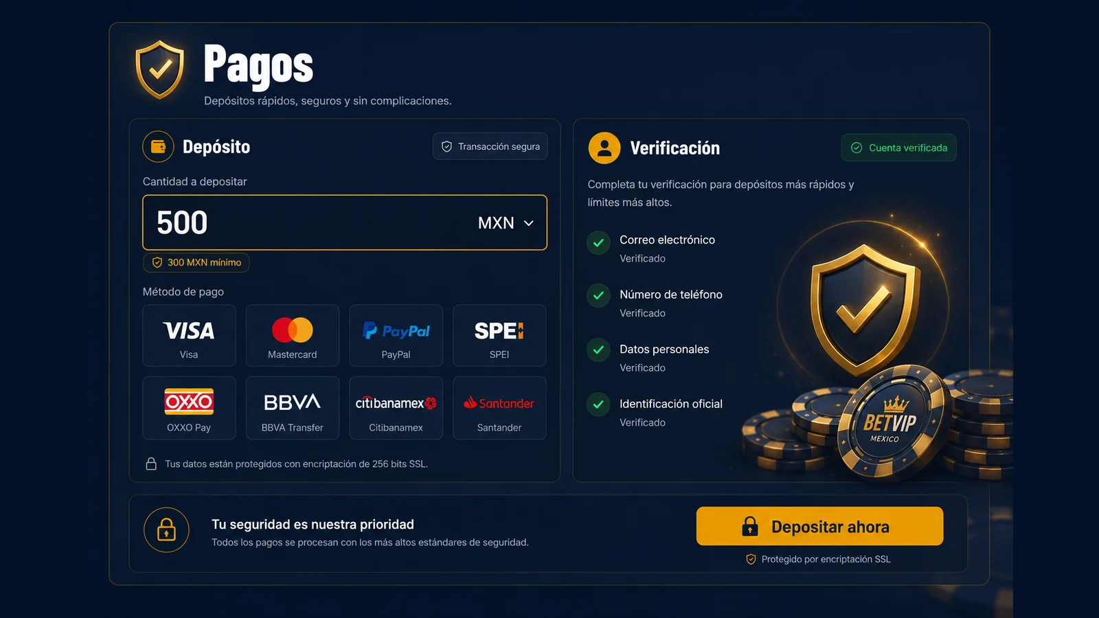 Métodos de pago SPEI, OXXO, Visa y Mastercard en BetVIP México